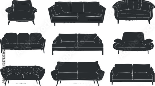 Silhouettes of various modern sofas and couches for interior design.