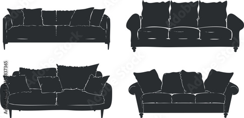 Silhouettes of four different sofas with various cushion arrangements.