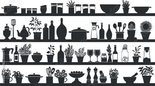 Silhouettes of kitchen items and plants on shelves in black and white.
