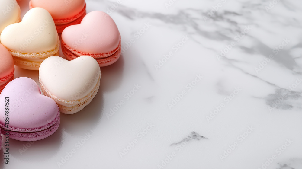 Fototapeta premium Pink and white heart-shaped macarons with red heart decorations scattered around them. 