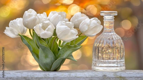 Elegant White Tulips in Glass Vase with Soft Bokeh Background of Autumn Colors