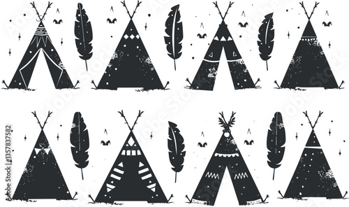 Black and white tribal teepee pattern with feathers and geometric designs.