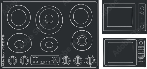 Illustration of a stove and two microwaves with modern design elements.