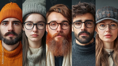 Diverse caucasian young adults wearing winter hats and glasses