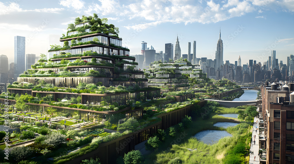 Fototapeta premium A vibrant city with sustainable urban design, featuring vertical gardens on residential buildings, solar-powered public spaces, and an overall commitment to reducing the urban carbon footprint.