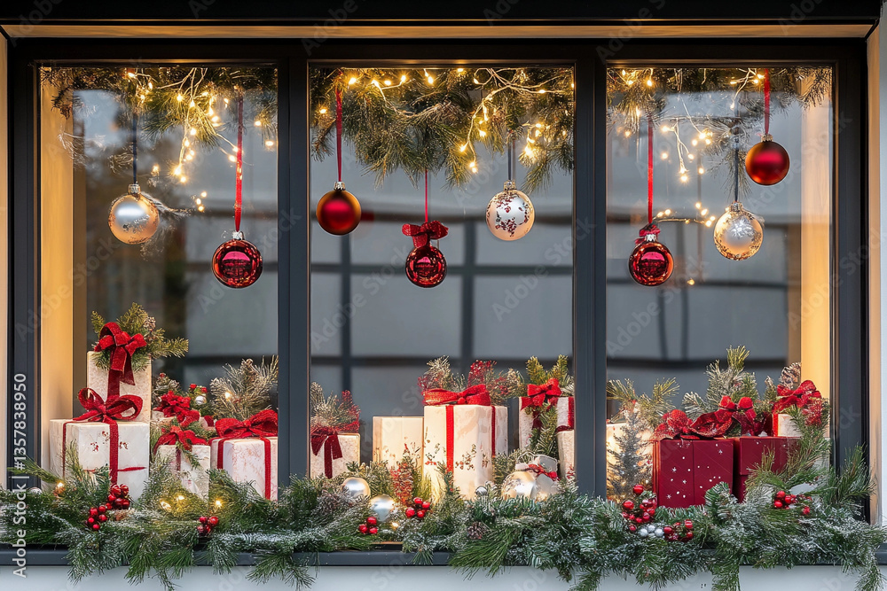 Creative holiday gift shop window display featuring festive decorations and lights in a cozy urban setting