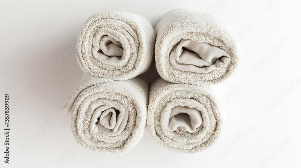 Top down view of rolled cotton towels with visible fabric texture isolated on a clean white background Top down view of rolled cotton towels with visible fabric texture isolated on a clean white background