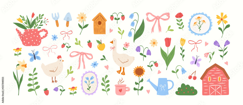 Cute cottagecore illustrations. Hand drawn flowers, bows, barn, goose, chicken,butterfly, garden tools, birdhouse. Gardening and country lifestyle. Spring summer stickers. Vector flat illustration.