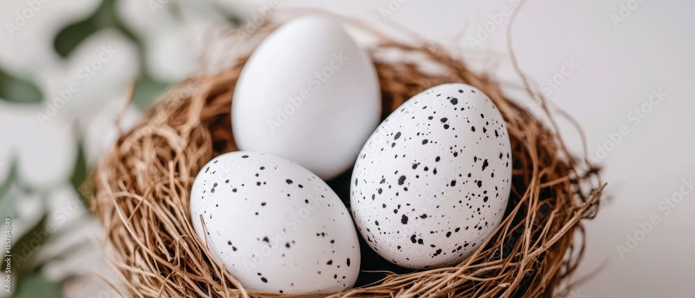 Three eggs nestled in a natural nest, surrounded by lush greenery, showcasing the beauty of nature and wildlife. Three eggs nestled in a natural nest, surrounded by lush greenery, showcasing the beauty of nature and wildlife.