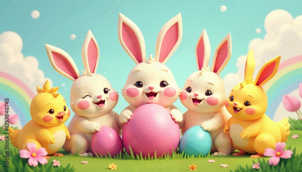 Obraz premium Adorable Easter Bunnies Holding Colorful Eggs In Springtime Meadow, Whimsical Scene Of Charming Anthropomorphic Rabbits Celebrating Holiday Traditions, For Seasonal Greetings And Festive Designs