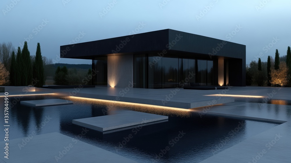 Fototapeta premium Modern house by a tranquil pool at dusk