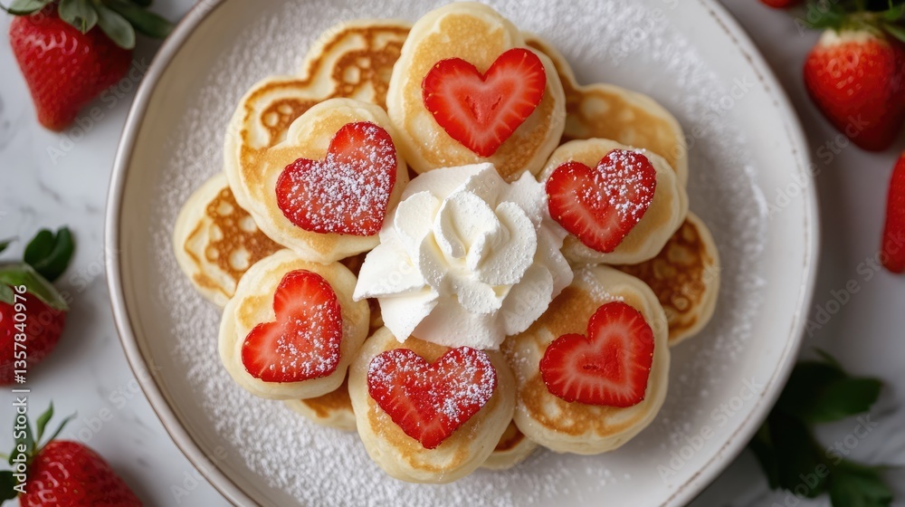 Heart-Shaped Pancakes with Strawberries and Whipped Cream: A Delicious Valentine's Day Treat Heart-Shaped Pancakes with Strawberries and Whipped Cream: A Delicious Valentine's Day Treat