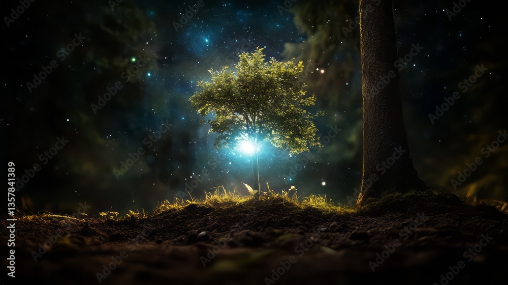 Obraz premium Earth Day concept. A small tree growing in the ground, with a starry sky background, illuminated by a bright light, in a night forest setting. 