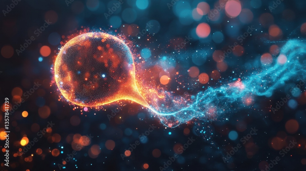 Glowing abstract particle in cosmic space with vibrant colors and light trails