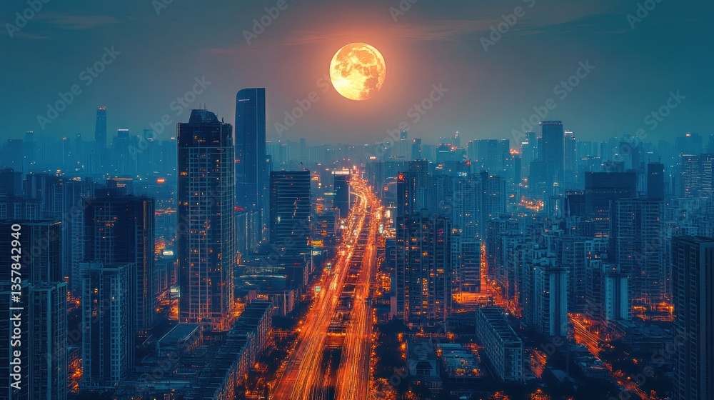 Fototapeta premium Night Cityscape under a Giant Orange Moon