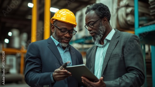 Two african adult males discussing plans in industrial warehouse setting