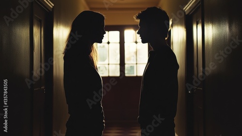 Silhouetted female and male teens facing each other in dimly lit hallway