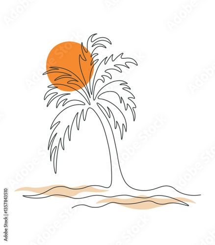 Palm tree on sunset background in one line. Drawing with one continuous line. Tropical vegetation and sand. Editable stroke. Modern minimalistic line art style. Vector linear illustration.
