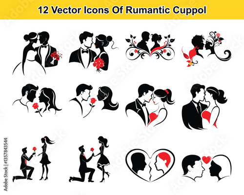Romantic Couple Silhouettes: 12 Vector Icons for Wedding Invitations or Designs