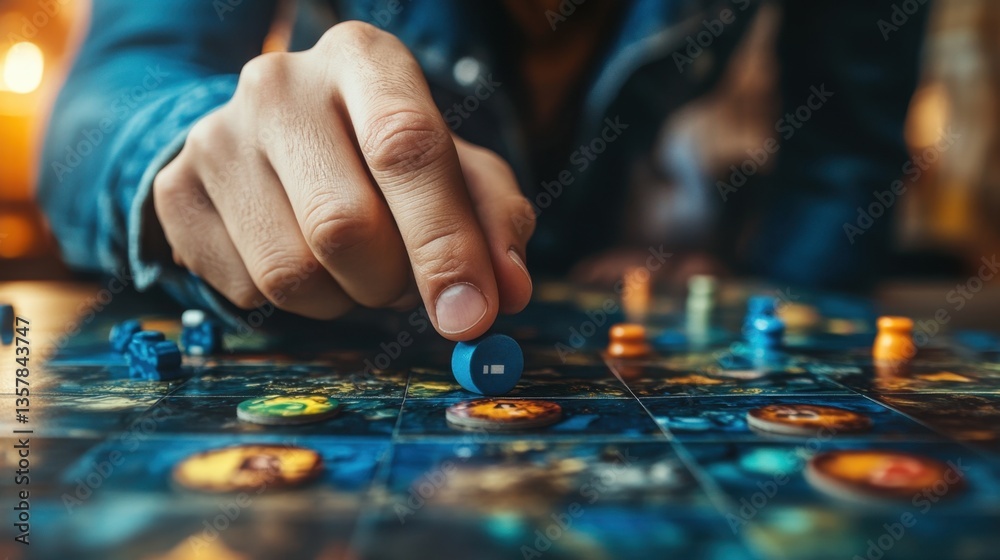 Close-up of hand playing board game with tokens on colorful game board Close-up of hand playing board game with tokens on colorful game board