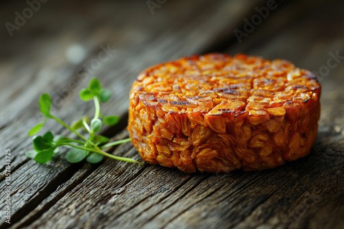 Close-up of a round, golden-brown tempeh cake with fresh greens on a rustic wooden surface.