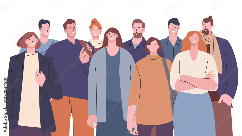 Fototapeta premium Casual modern people group. Young male and female stand together. Office workers team, happy women and men portrait. Flat vector characters