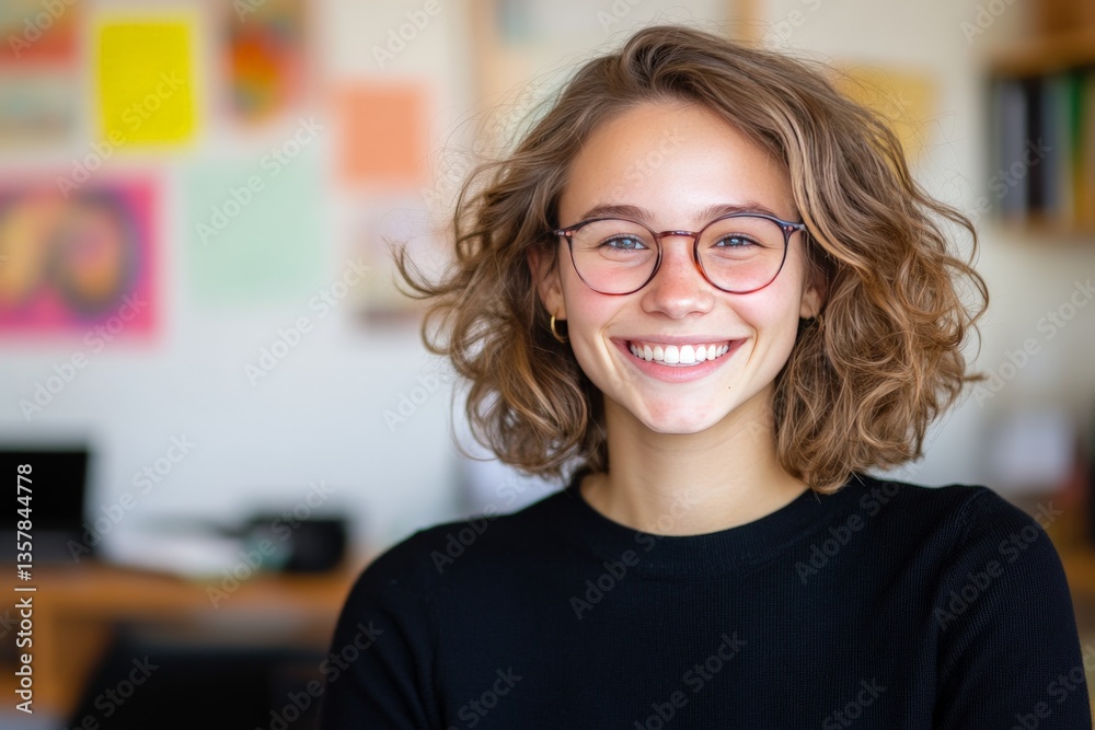Stylish woman smiling confidently in black sweater working in creative office with modern tech gadgets reflecting empowerment professionalism and digital innovation in minimal design Stylish woman smiling confidently in black sweater working in creative office with modern tech gadgets reflecting empowerment professionalism and digital innovation in minimal design