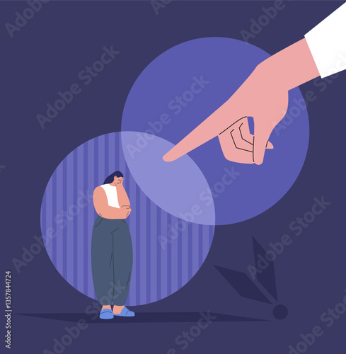 Guilt concept. Sad female character stand in lighting circle, human giant hand pointing on woman. Shaming, pressure, disgrace, manipulate vector concept