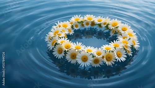 Floating wreath of yellow and white daisies on blue water, summer floral decoration with reflection and ripples