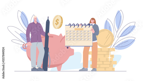 Monthly save money planning. People with planner and pencil, piggy bank and coins. Investment, budget analysis, self banking, vector flat concept