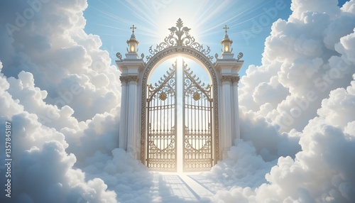 Pearly gates stand in fluffy clouds, beckoning to ethereal realm. Symbol of faith, entrance represents transition to heaven, spiritual journey, holy place, divine presence. Gate to heaven, concept of 