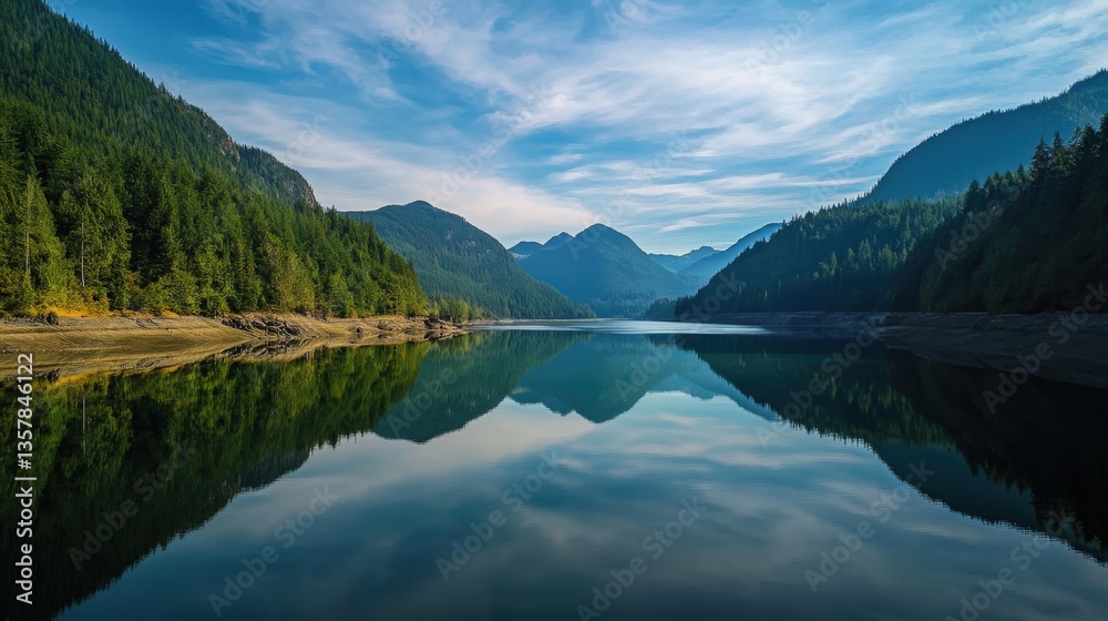 Calm reflective lake scene showing mountains and lush green trees Calm reflective lake scene showing mountains and lush green trees