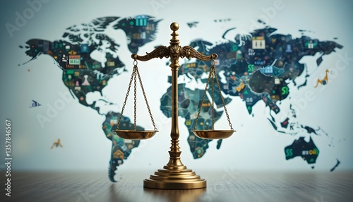 A global finance law concept with scales of justice overlaid on a world map filled with stock market symbols