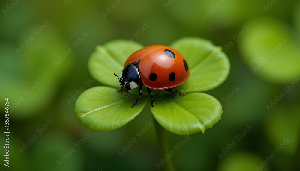 A ladybug perched on top of a rare four-leaf clover, ideal for illustrations and designs related to nature, good fortune, or whimsical themes A ladybug perched on top of a rare four-leaf clover, ideal for illustrations and designs related to nature, good fortune, or whimsical themes