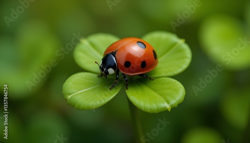 A ladybug perched on top of a rare four-leaf clover, ideal for illustrations and designs related to nature, good fortune, or whimsical themes