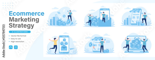 Ecommerce marketing strategy modern flat illustration. Set of scenes tiny people are promoting sales in online stores by giving gifts and discounts. Vector graphic design for web design.