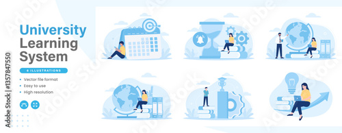 University activities modern flat illustration. Set of university learning systems with various illustrations of student and teacher activities. Vector graphic design for web design.