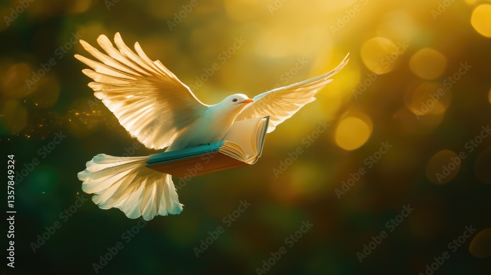 Fototapeta premium Dove of Peace carrying a book, soaring through a sunlit forest
