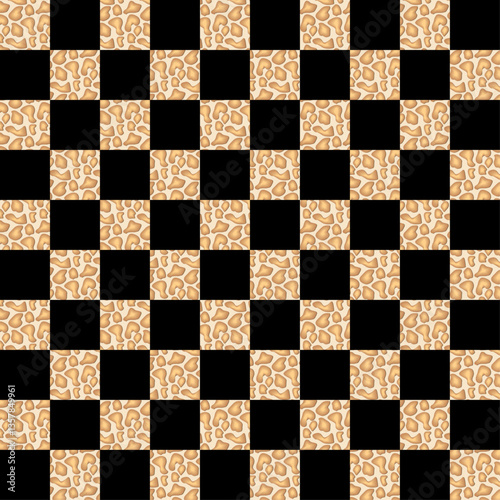 Black and white chessboard with checkered pattern and square tiles