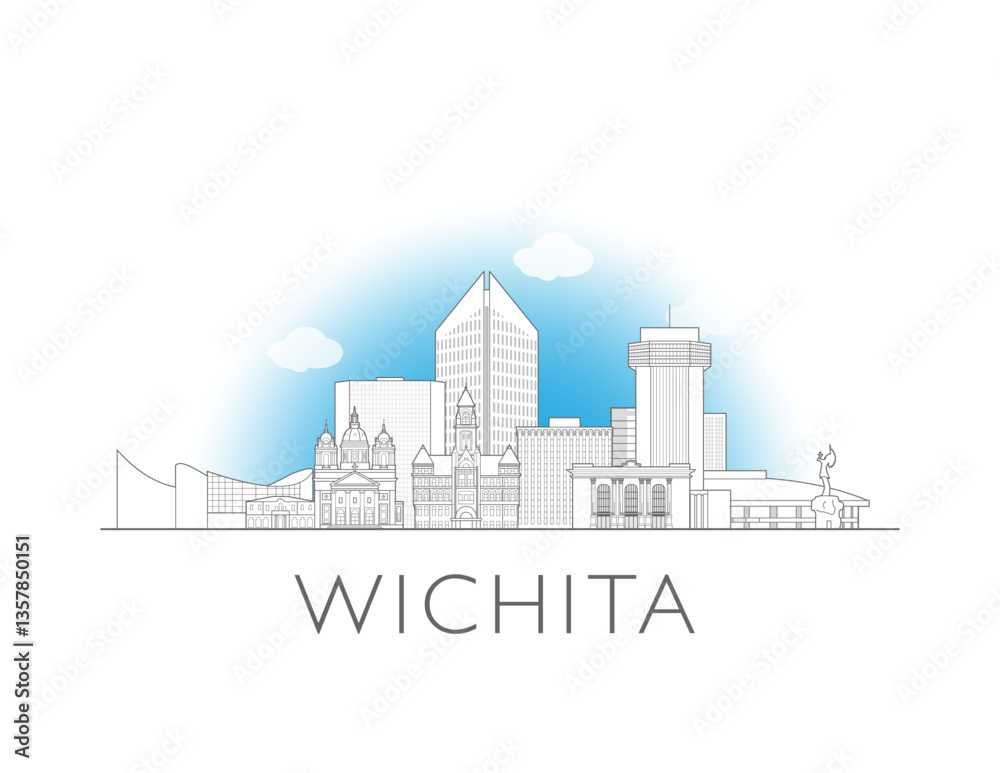 Naklejka premium Wichita, Kansas cityscape illustration skyline drawing