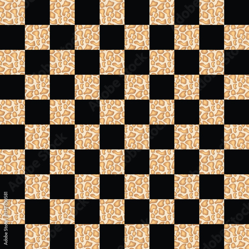 Black and white chessboard with checkered pattern and square tiles