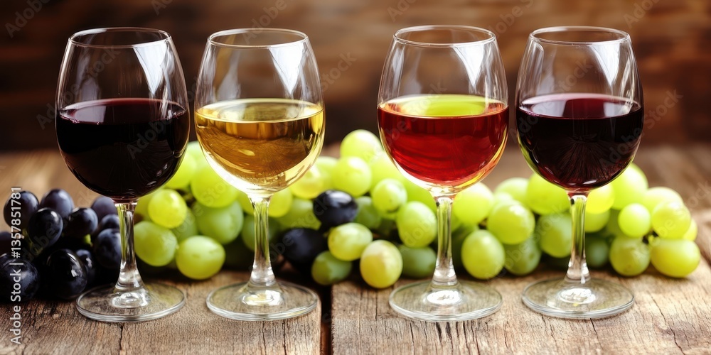Obraz premium Three elegant glasses of wine accompanied by fresh grapes elegantly arranged on a rustic wooden table, creating a sophisticated setting.
