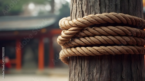 Thick Natural Rope Wrapped Around Wooden Post Near Japanese Shrine