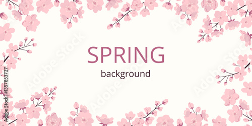 Spring horizontal background with cherry blossom and copy space on white. Trendy template with grainy textures. Flat vector illustration. For banner, poster, wallpaper.