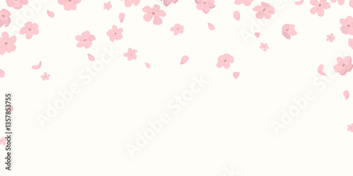 Romantic background with falling sakura flowers and petals. Hand drawn flat style and texture effect. Ideal for wedding invitations, festive banners, covers, posters.