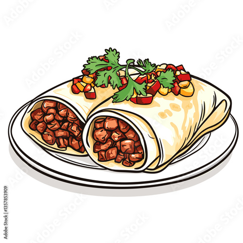 Cheesy Beef Burrito Illustration with Red Peppers