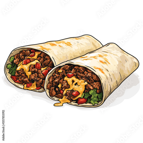 Cheesy Beef Burrito Illustration with Red Peppers