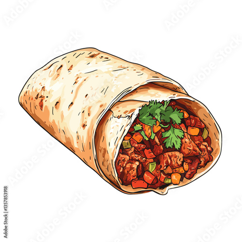 Cheesy Beef Burrito Illustration with Red Peppers