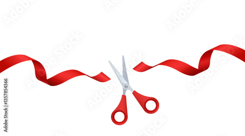 A Pair of Scissors Cutting Flying Red Silk Ribbon Over White Background. Vector Illustration