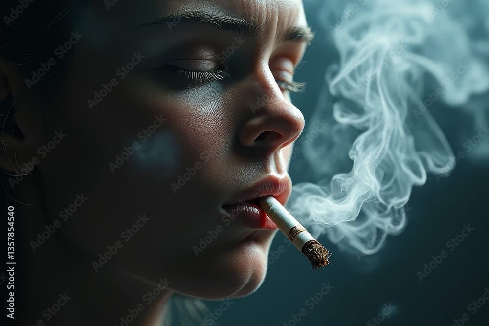 Obraz premium The image shows a woman smoking a cigarette with smoke billowing out of her mouth. She is wearing a white shirt and has her eyes closed